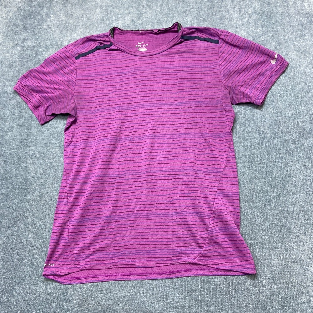 Nike Dri Fit Running T Shirt Womens Medium Purple Tailwind Striped Sweat Wicking